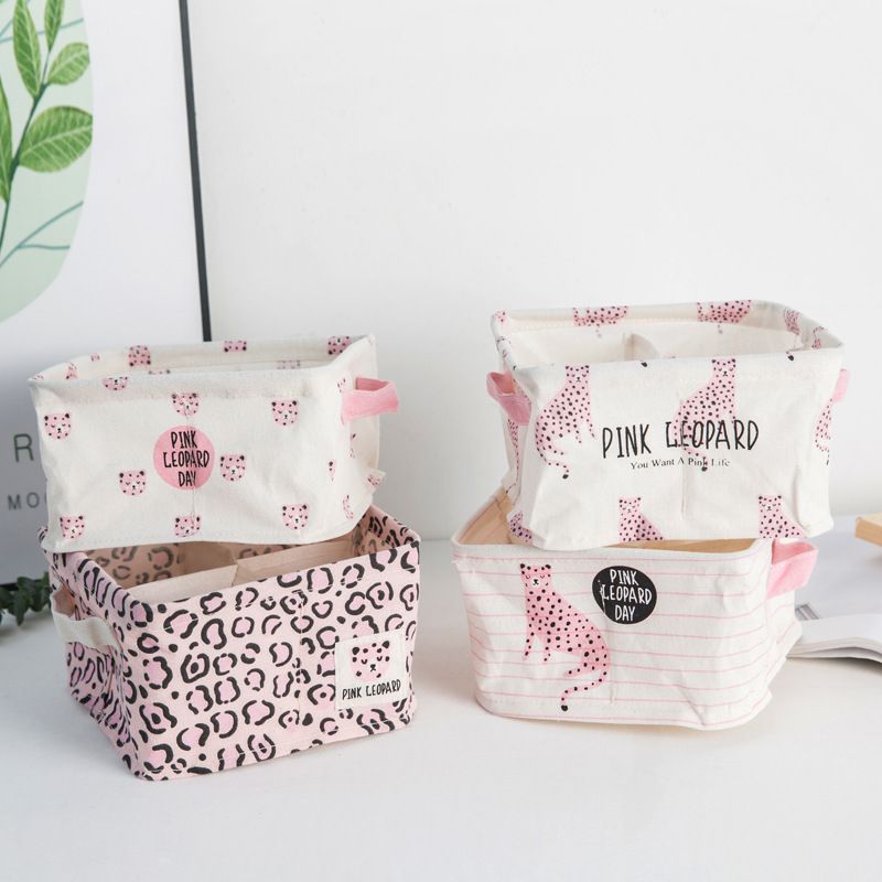 4 Grid Leopard Print Series Waterproof Cotton Linen Underwear Socks Storage Box Sundries Basket Home Living Storage