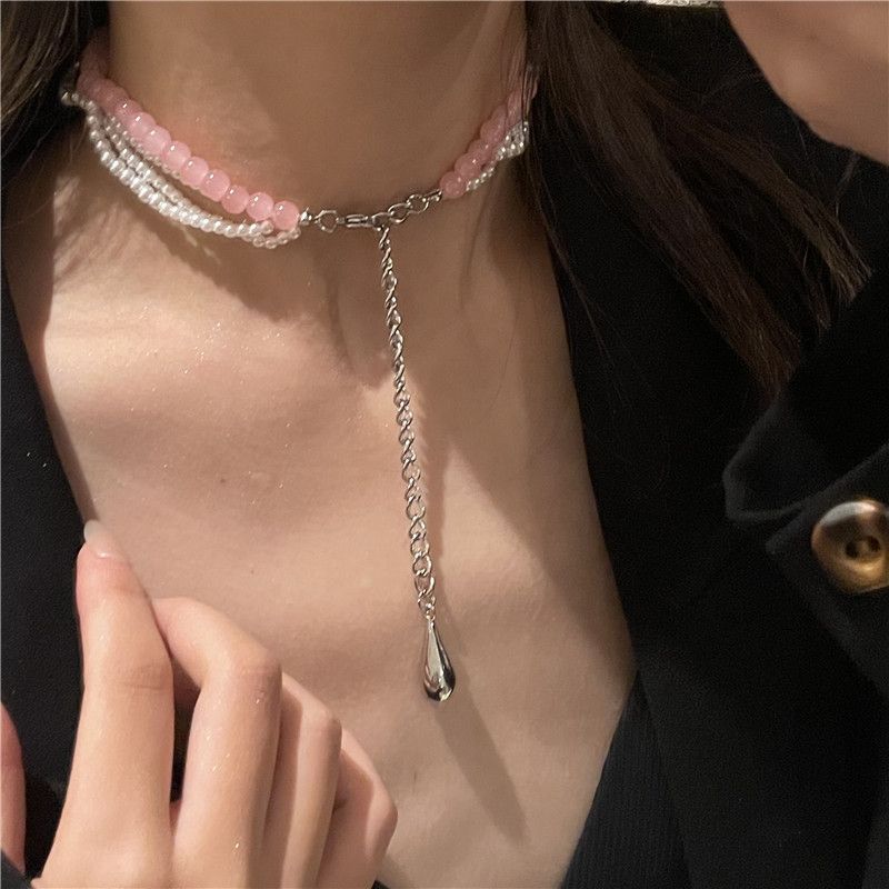 Rosa Runde Perlen Perle Doppellagige Schlüsselbeinkette Ins Windtropfen Anhänger Halskette Halskette