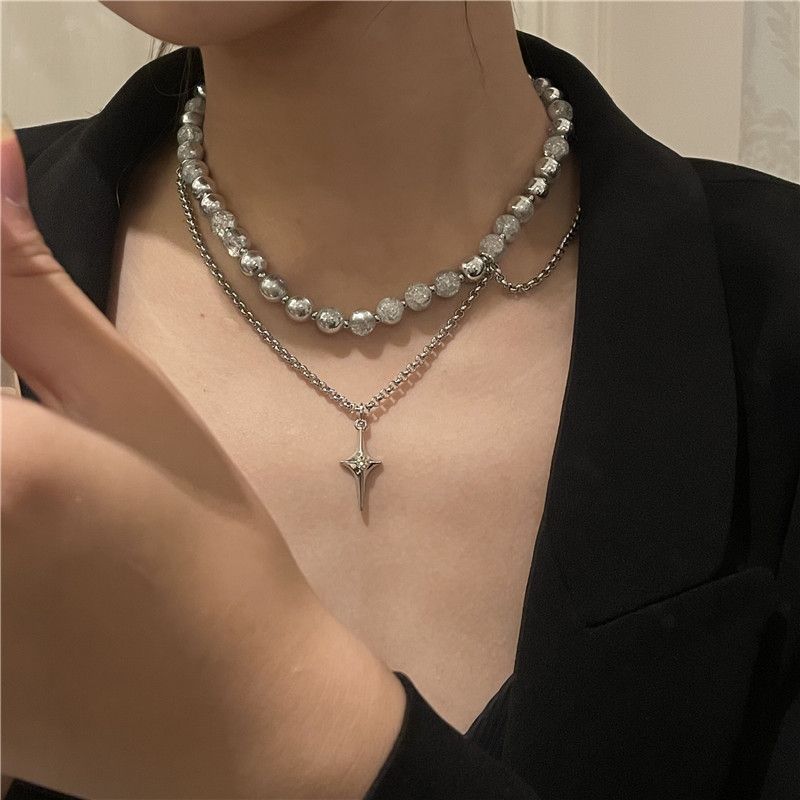 Double Layered Stainless Steel Necklace Niche Cross Round Bead Cold Wind Y2k Male And Female Clavicle Chain