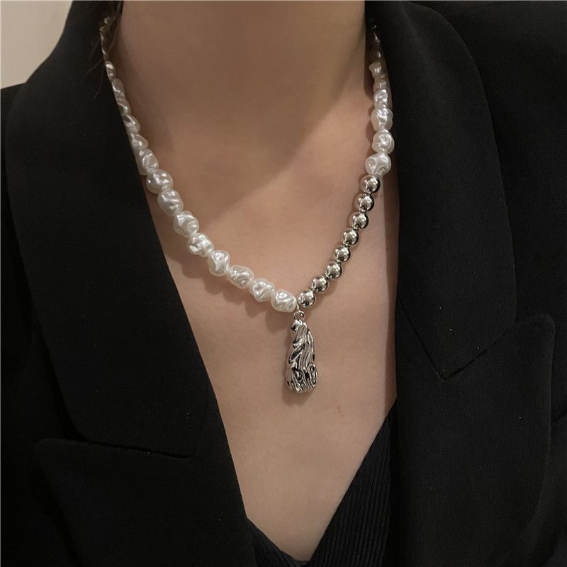 Retro Special-shaped Pearl Ball Double Clavicle Chain Sweet Cool Lava Pendant Necklace