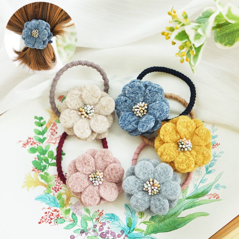 Fashion New Korean Woolen Handmade Cloth Flower Hair Tie Hair Tie Sweet Korean Rubber Band Hair Tie