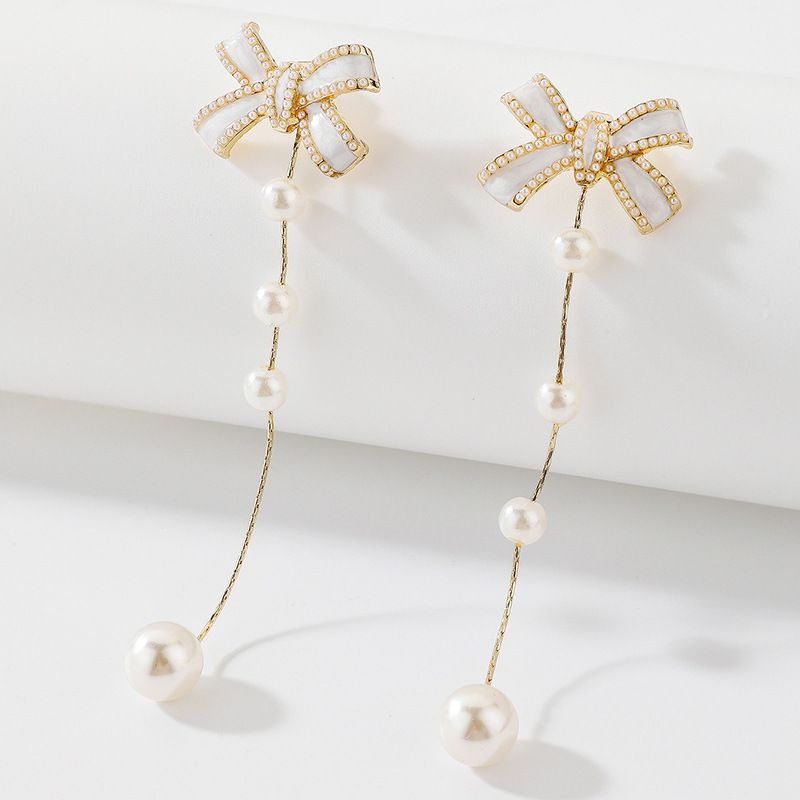925 Silver Needle Drop Oil Bow Pearl Tassel Earrings Two-wear High-quality Earrings