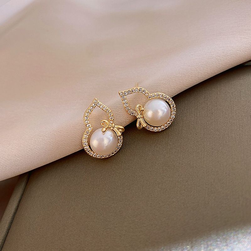 Gourd Micro-inlaid Zircon Earrings Korean Version Of Simple Geometric Gourd Pearl Earrings Wholesale