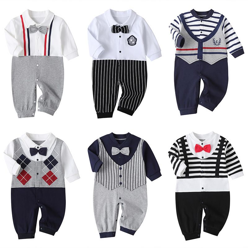 New Baby Long-sleeved One-piece Spring And Autumn Bow Tie Gentleman Male Baby Romper