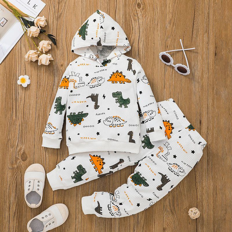 Children's Sweater Suit Autumn Fashion Long-sleeved Boy Dinosaur Print Pullover Pants Two-piece