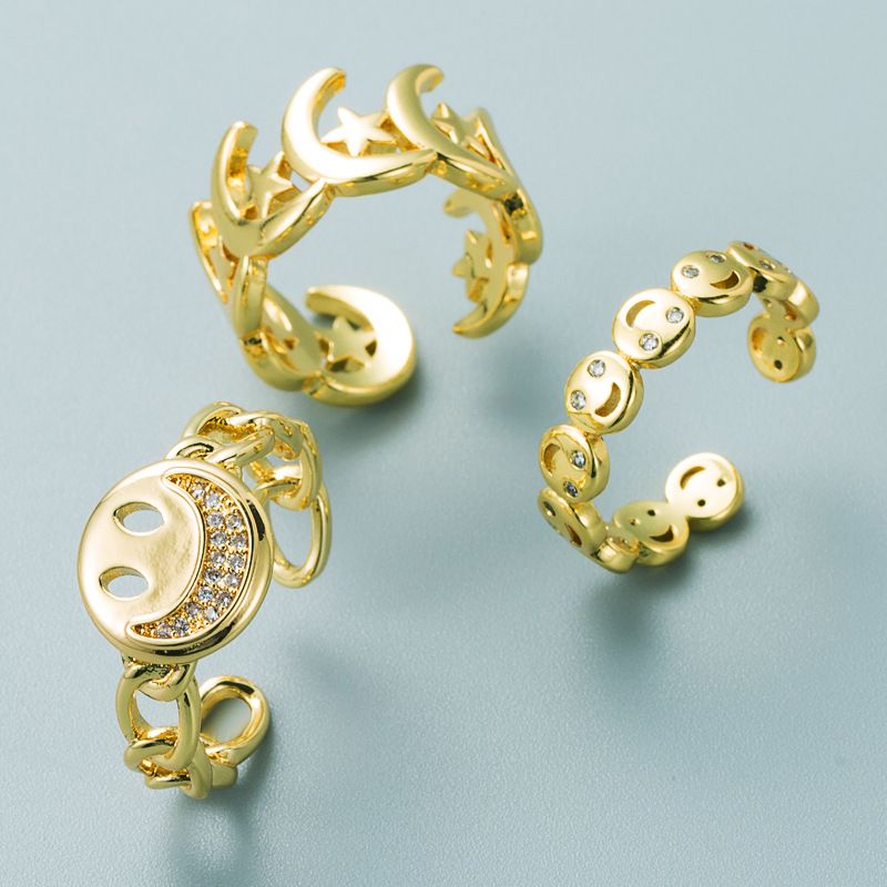 Modischer Kupferplattierter 18 Karat Gold-mikro-intarsien-zirkon-stern- Und Mond-smiley-ring