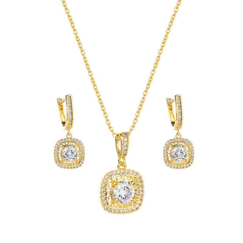 Fashion Shiny Zircon Pendant Necklace Earrings Set Simple Clavicle Chain Accessories