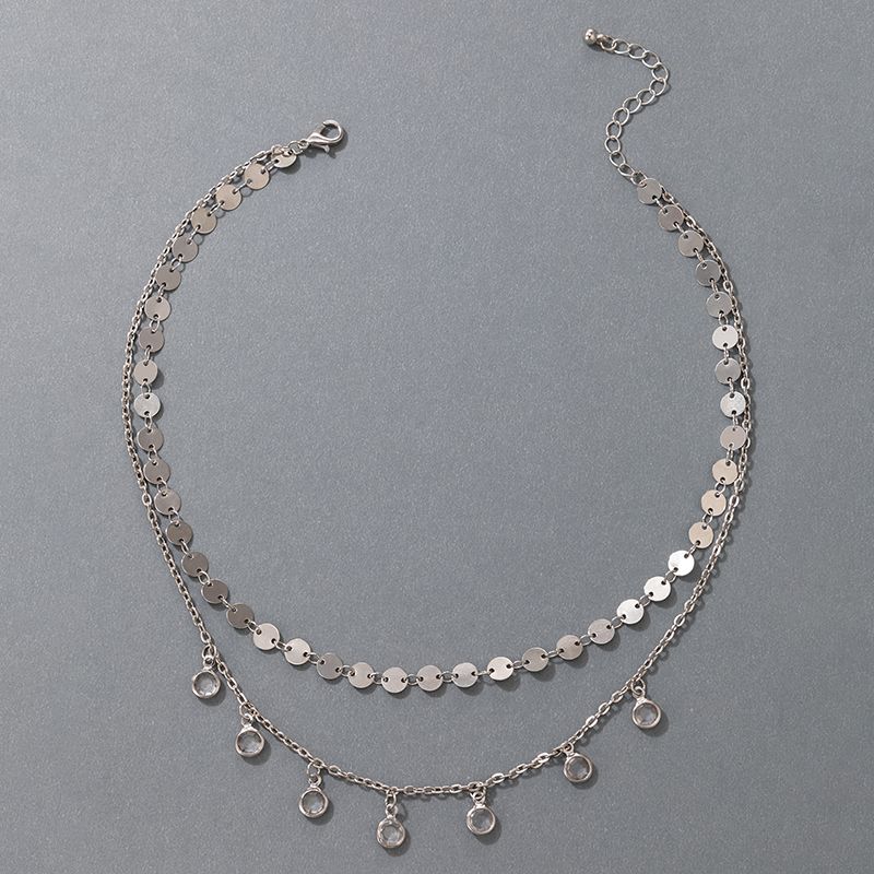 2021 Koreanische Version Der Neuen Mehrschichtigen Halskette Mit Strasssteinen Aus Silberscheibe, Zweischichtige Halskette