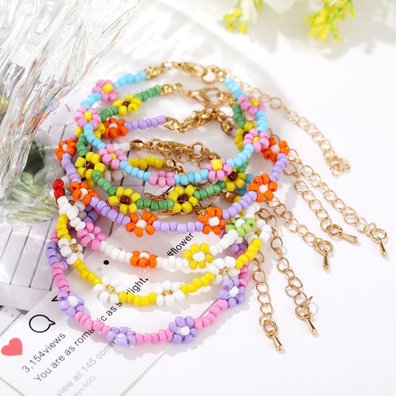 Bohemian Style European And American Flowers Rice Beads Elastic Rope Beaded Bracelet