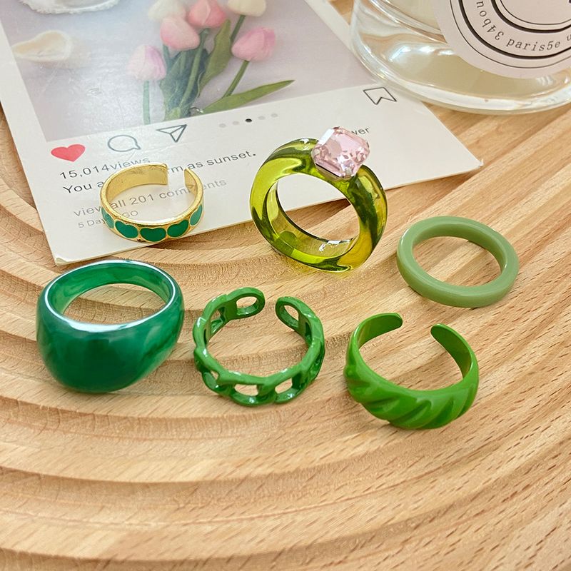 New Retro Fashion Ring Set Version Creative Green Dripping Love Resin Ring 6-piece Set