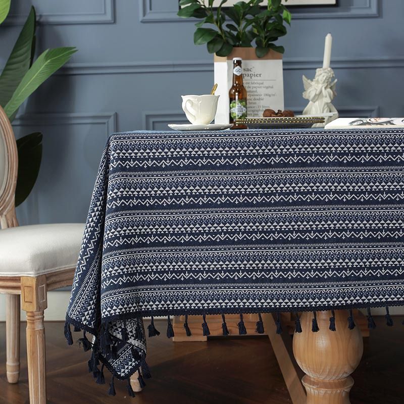 Bohemian Ethnic Style Yarn-dyed Jacquard Blue Geometric Tassel Tablecloth Home Coffee Table Cover Cloth Tablecloth