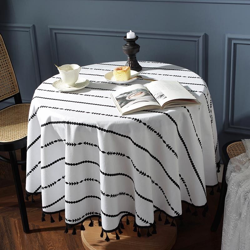 Flying Cat Cross-border  Bohemian Printed Striped Black Tassel Tablecloth Round Household Coffee Table Table Cloth