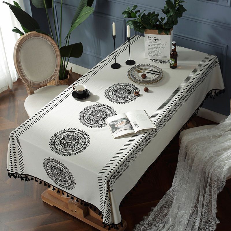 Nappe De Table Basse Rectangulaire À Imprimé Mandala Bohème Avec Gland Noir