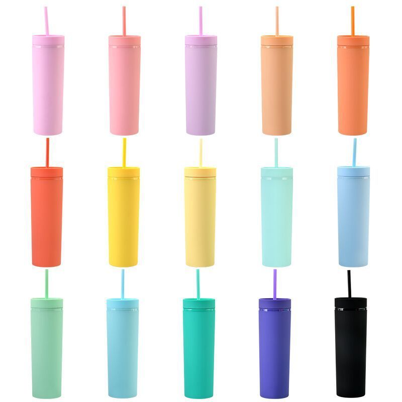 Cross-border  Spot Skinny Double-layer Plastic Cup Frosted Rubber Paint Cup 16oz Straight Straw Cup
