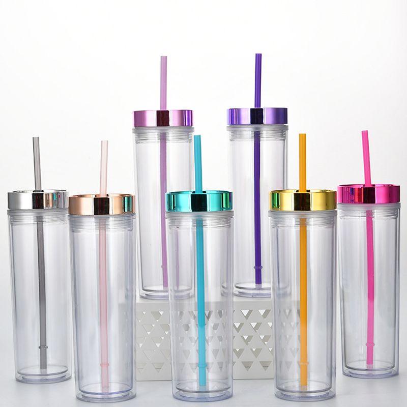 Spot Goods 16oz Double Plastic Straw Cup Simple Skinny Straight Tube Can Be Set Rose Gold Plating Lid Water Cup