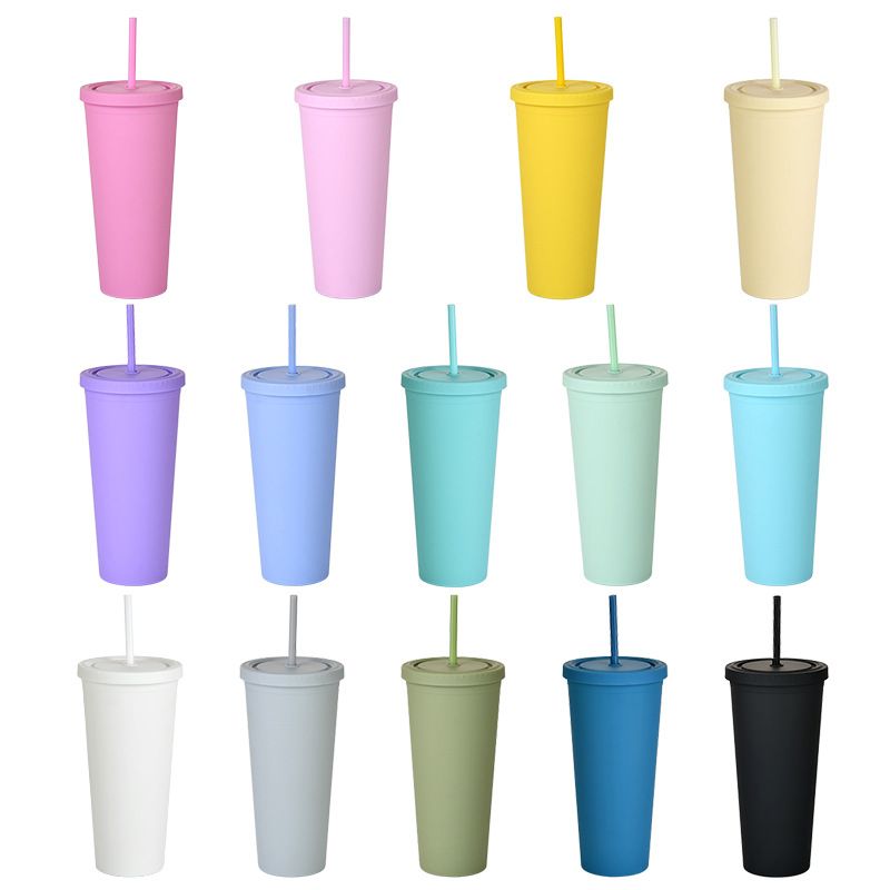 Double-layer Plastic Straw Cup 24oz Large-capacity Cone Water Cup Frosted Cup