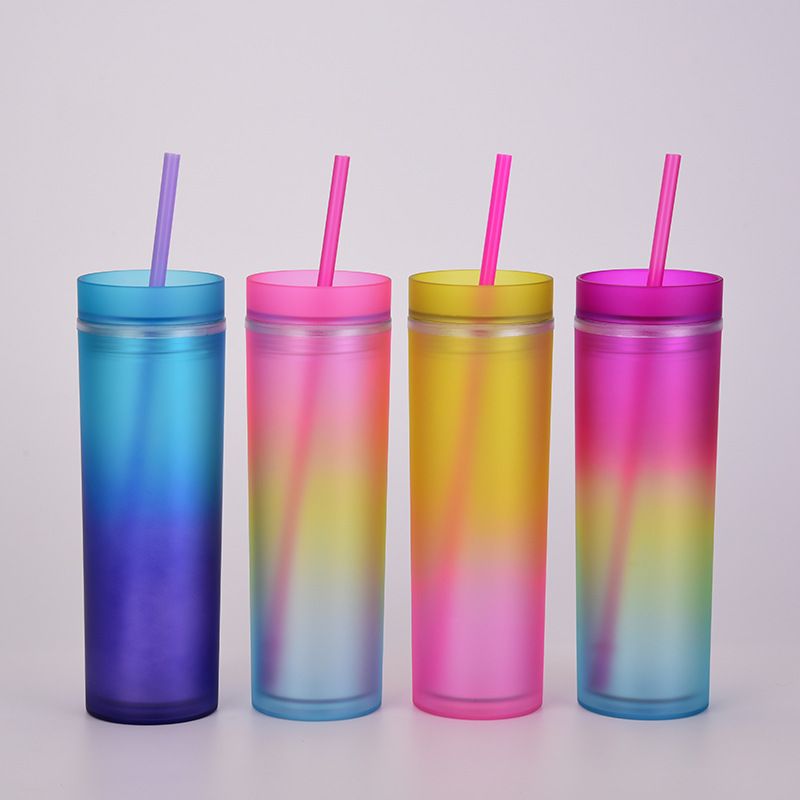 New Gradient Rainbow Color Water Cup Straight Double Plastic Straw Cup