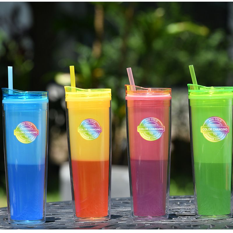 Factory Wholesale Double-layer Plastic Cup Gift Cup Creative Temperature Gradient Color Drink Straw Discoloration Cup Can Be Set