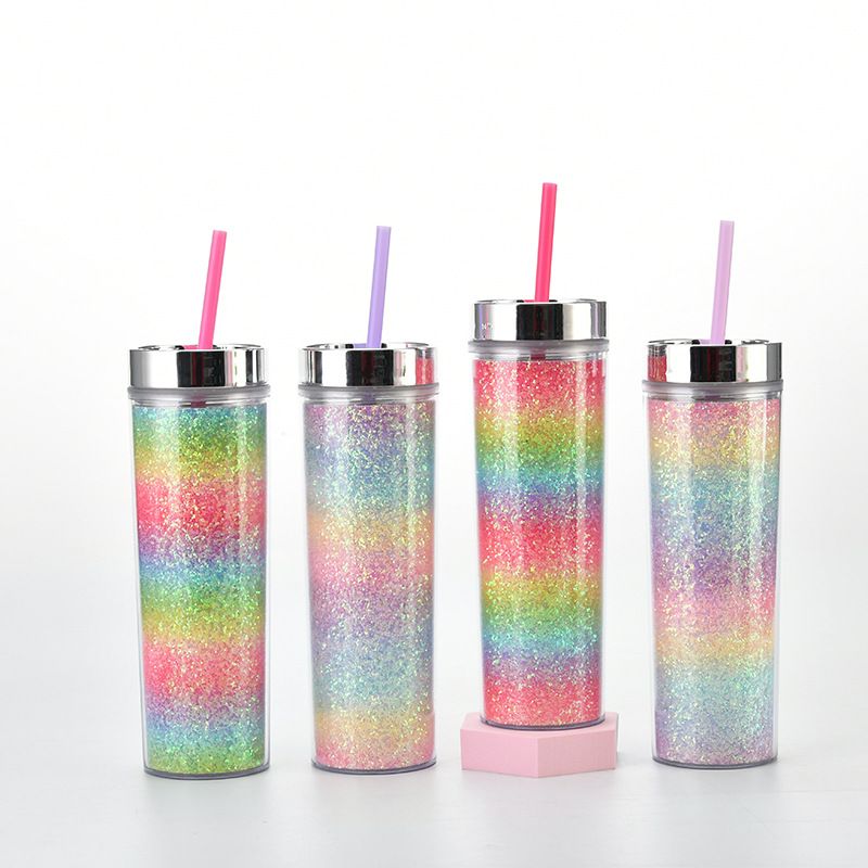16oz Double-layer Plastic Straw Cup Rainbow Gradient Glitter Straight Cup Universal Cold Drink Cup