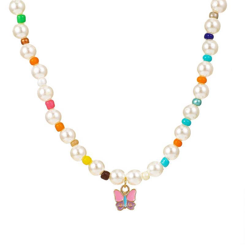 New Oil Dripping Butterfly Necklace European And American Bohemian Color Imitation Pearl Necklace Bracelet Anklet Set