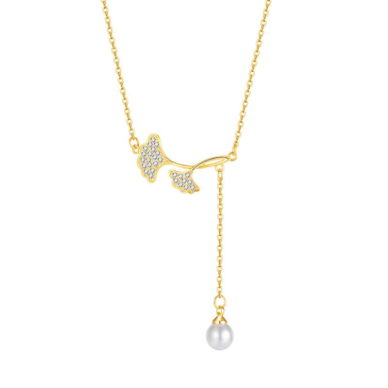 Nischendesign Eingelegter Zirkon Ginkgoblatt Kupferanhänger Quaste Perlenkette Schlüsselbeinkette