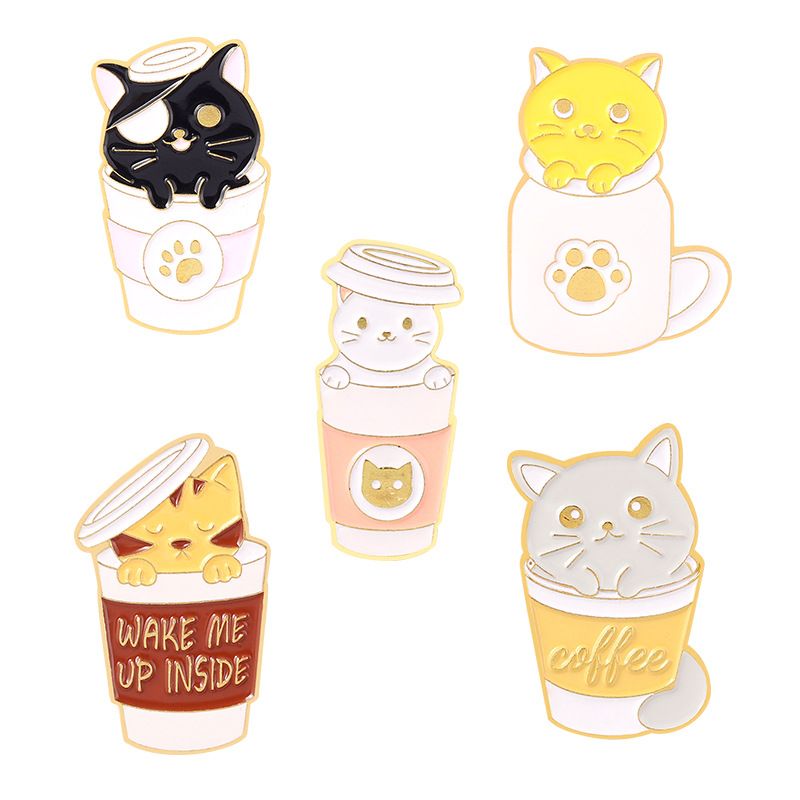 European And American New Cat Coffee Cup Animal Series Brooch Ladies Creative Cartoon Coffee Cat Shape Brooch