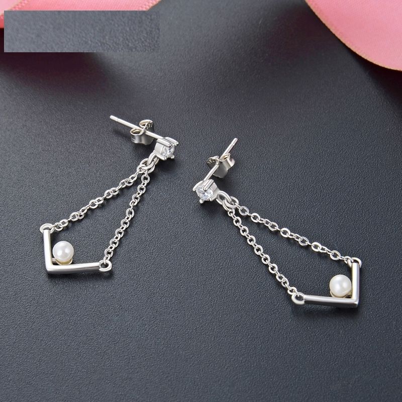 Korean Style Fashion Long Diy Pearl Stud Earrings S925 Silver Inlaid Shell Pearls English Letters V Earrings Eardrops Women