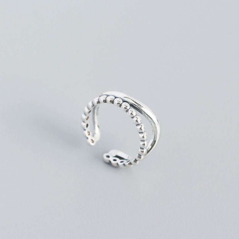 Design Sense S925 Sterling Silver Geometric Double Wave Small Round Bead Retro Ring