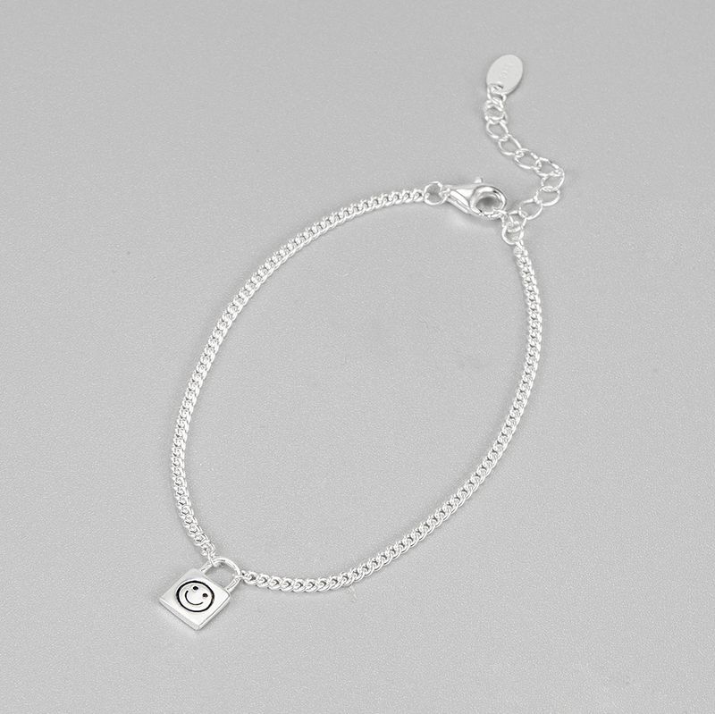 South Korean S925 Sterling Silver Smiley Face Small Lock Bracelet Ins Simple Plain Silver Jewelry