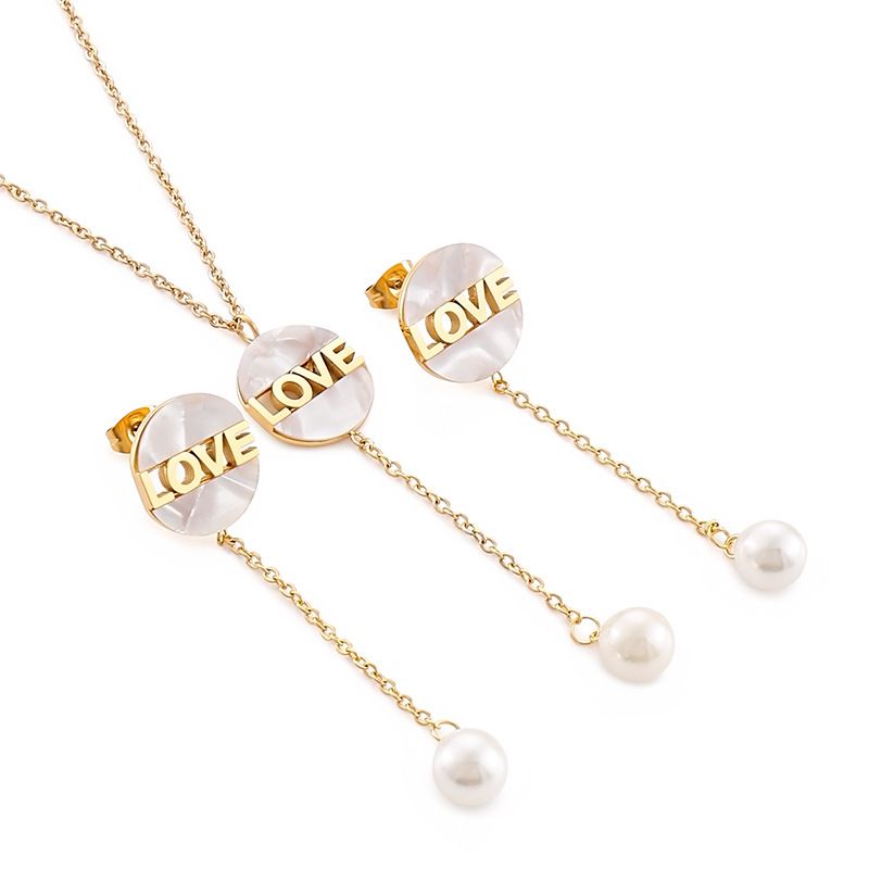New Fashion Round Shell Letter Love Tassel Pearl Necklace Earrings Female Jewelry Set