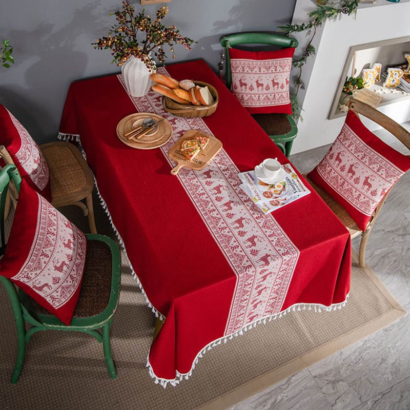Nappe Rectangulaire De Noël En Tricot De Fibre De Polyester Jacquard Cerf Rouge Pompon Blanc