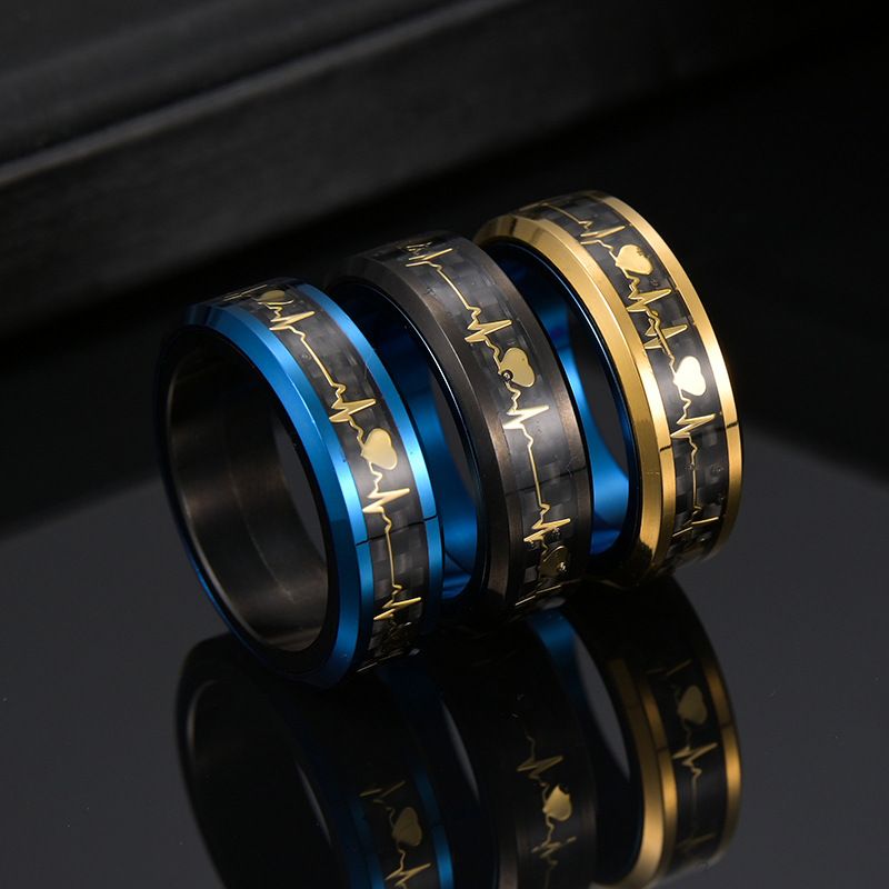 Titanium Steel Rotating Decompression Two-color Ring Carbon Fiber Heartbeat Ecg Jewelry