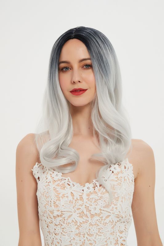 Fashion Gradient Grey Color Ladies Wig Long Chemical Fiber High Temperature Silk Headgear
