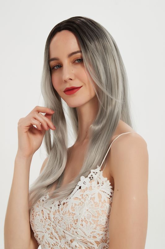 Fashion Gradient Grey Color Ladies Wig Long Straight Chemical Fiber Headgear