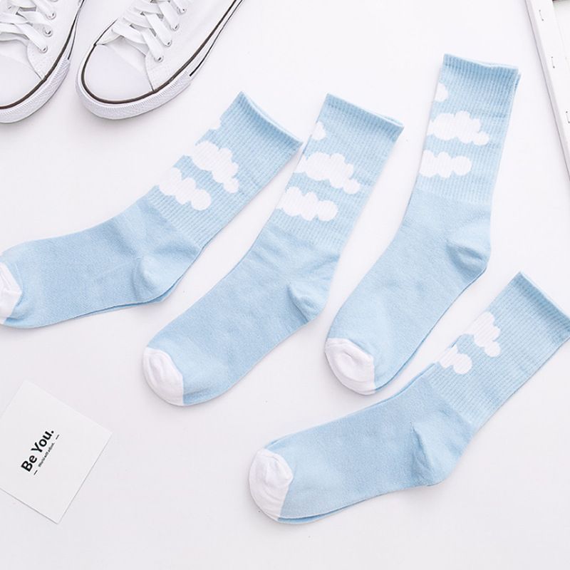 Korean Cartoon Blue Sky Clouds Ladies Mid-tube Socks Pure Cotton Sweat-absorbent Women's Socks