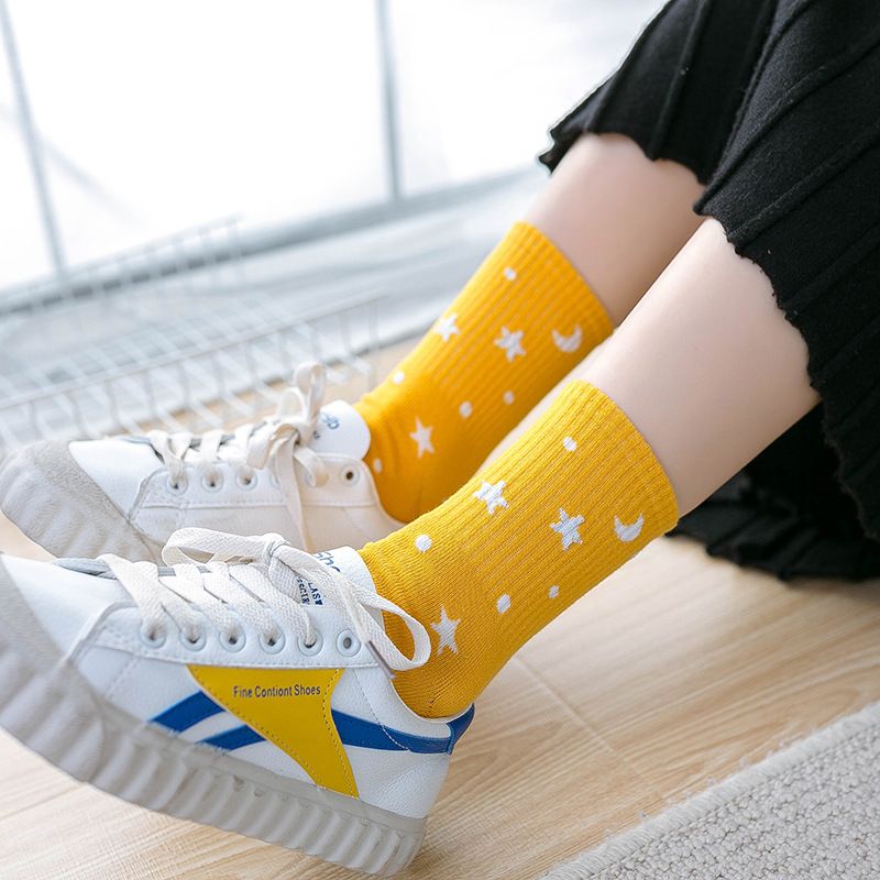 Flash Girl Korean Direct Delivery Star Moon Silver Silk Socks Japanese Style Universe Star Cute Mid-calf Length Socks