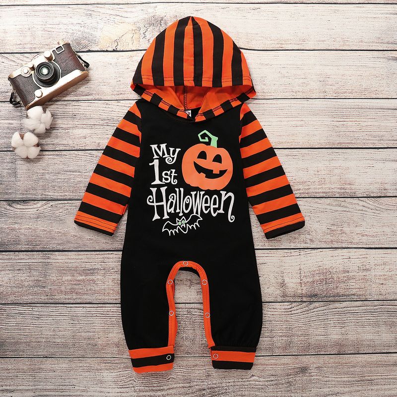 Ins Cross-border  Foreign Trade Children's Wear European And American Infant Toddler Jumpsuit Hooded Printed Pumpkin Letters Open File Baby