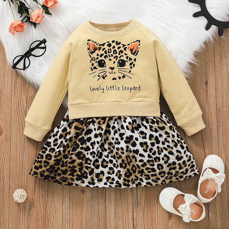 Nuevo Estilo Bebé Vestido De Manga Larga Estampado De Leopardo Suéter De Manga Larga Falda Ropa Para Niños