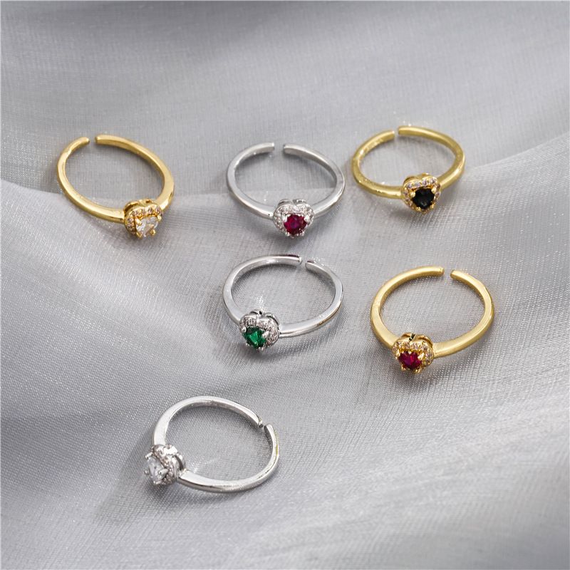 Micro-inlaid Zircon Color Diamond Heart-shaped Ring Opening Adjustable 18k Gold-plated Ring