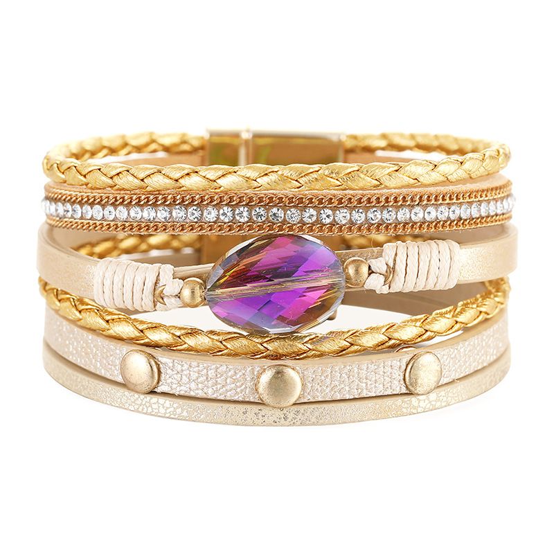 Bracelet En Cuir Multicouche Européen Et Américain En Cuir Tissé À La Main Avec Motif Animalier Bracelet En Pierre De Cristal