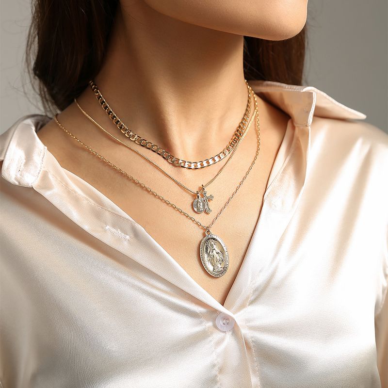 European And American Fashion Exaggerated Necklace Street Detachable Multi-layer Twin Sun Goddess Portrait Cross Necklace