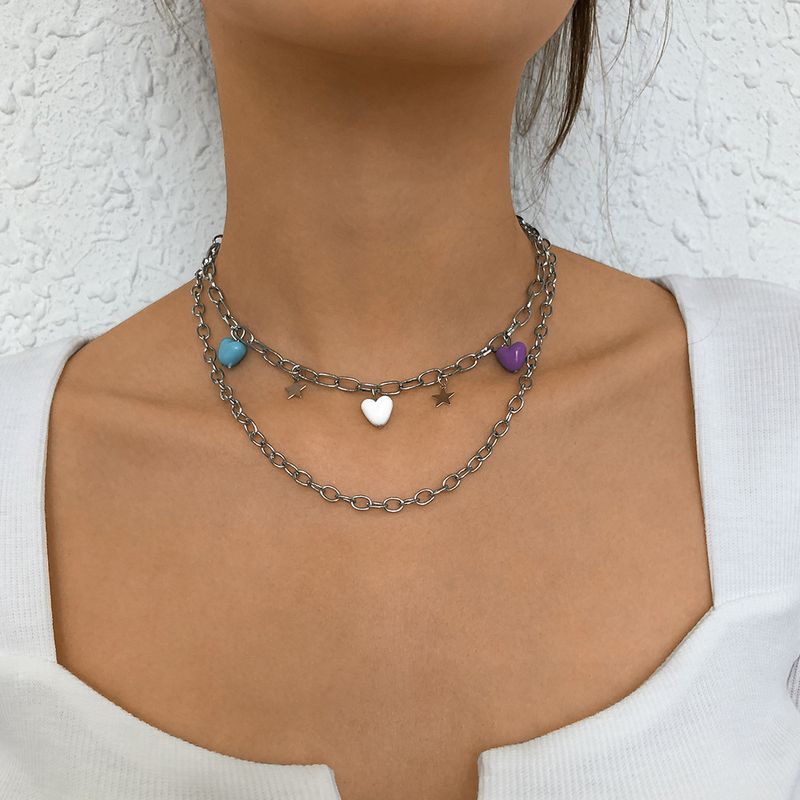 N9513 Persönlichkeit Einfache Zwei Schicht Ige Halskette Fünfzackige Stern Harz Liebe Halskette Geometrisch Süß Und Cool Europäischen Stil Halskette Frauen