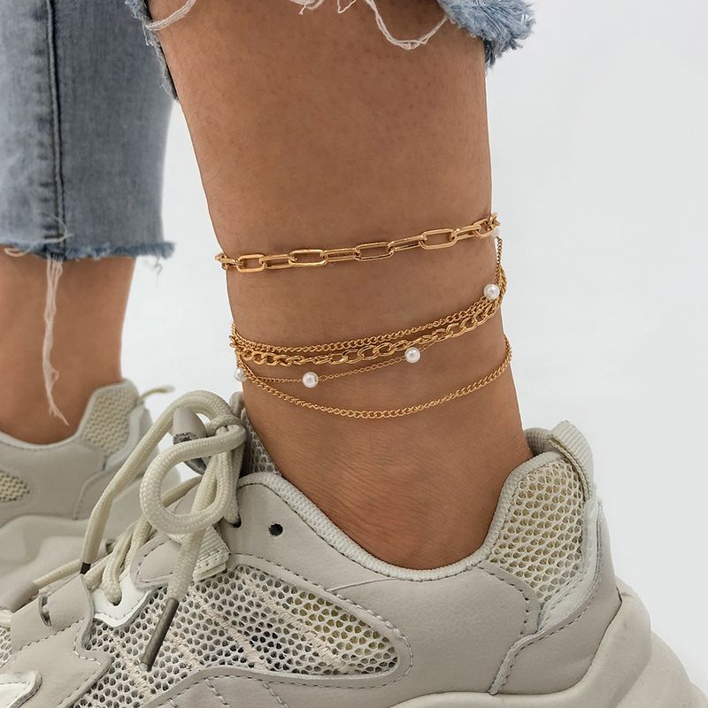 Fashion Geometric Multi-layer Anklet Metal Texture Niche Imitation Pearl Hollow Personality Accessories