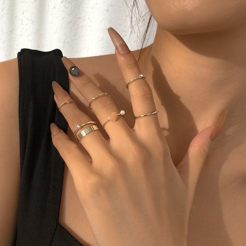 Cross-border Foreign Trade New Alloy Dripping Oil Love Simple Imitation Pearl Geometric Ring Set