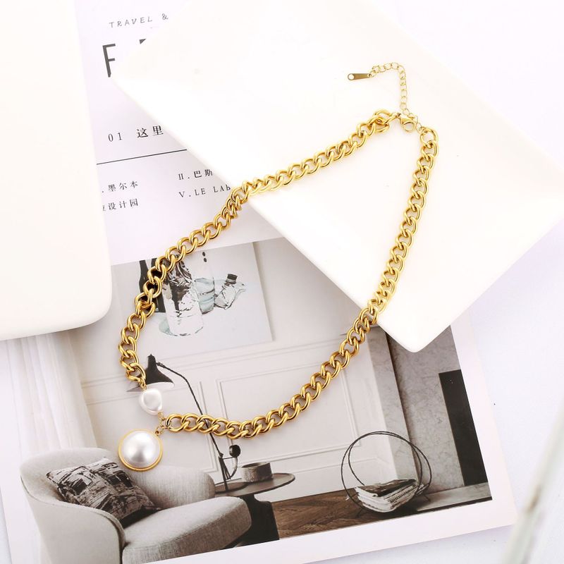 European And American Graceful And Fashionable Fabulous Pearl Pendant Hipster Clavicle Chain Titanium Steel Niche Short Necklace Cross-border Wholesale