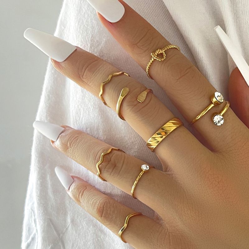 European And American Special-interest Design Fashion Simple Double Diamond Wave Double Flat Head Ring Retro Knuckle Ring Eight-piece Set