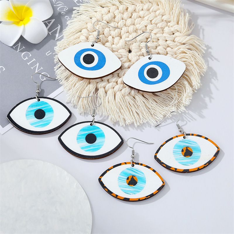 Bohemian Exaggerated Painted Devil's Eyes Wood Earrings Cross-border Jewelry