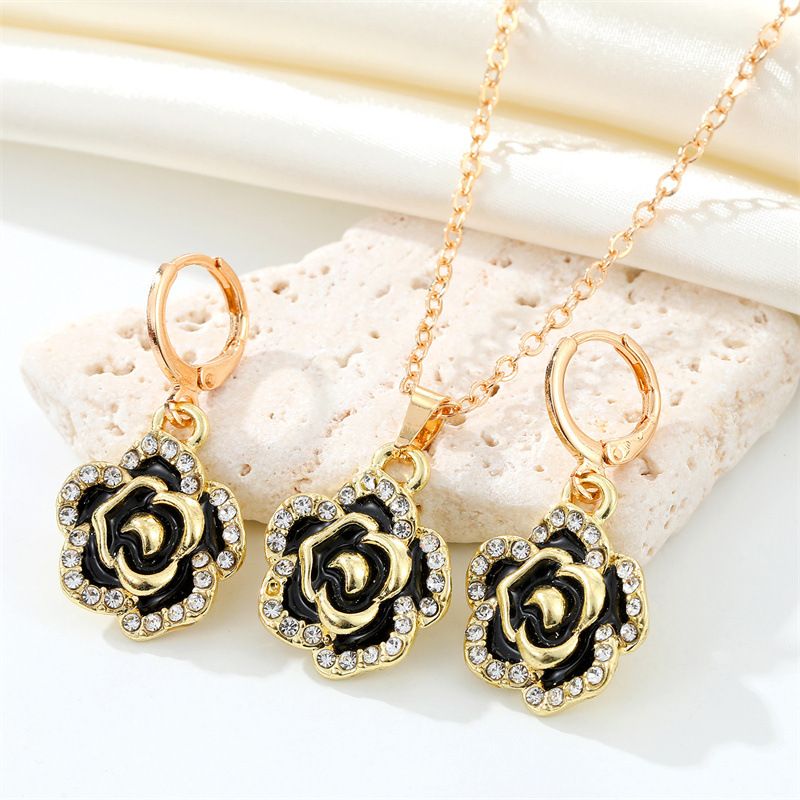 Cross-border Sold Jewelry European Retro Full Diamond Black Rose Earrings And Necklace Set Flower Pendant Ear Ring Female