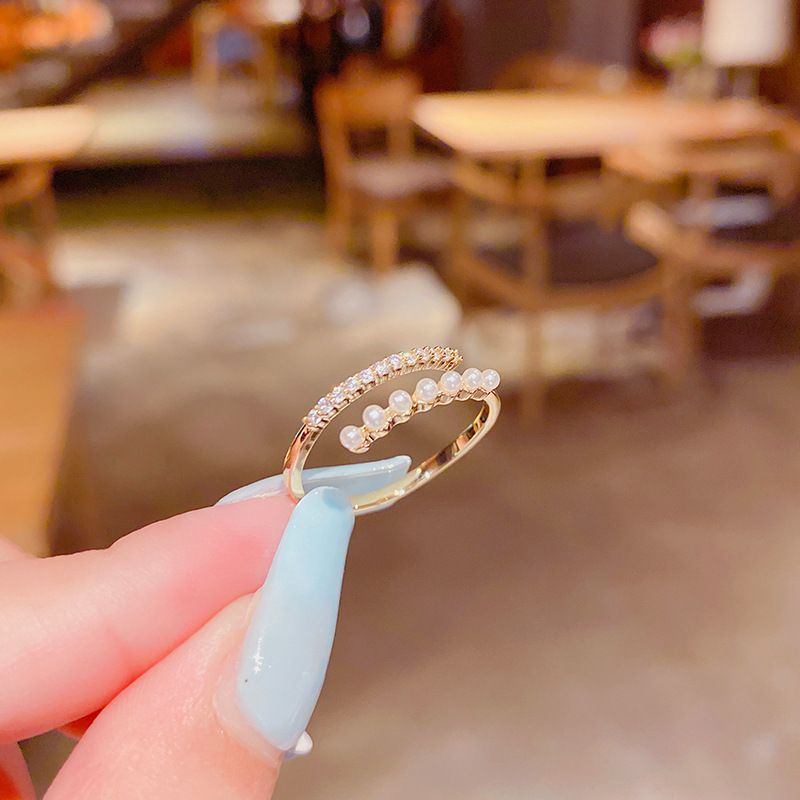 Anillo De Moda Ajustable Con Apertura De Perlas De Circonio Microincrustado Coreano De Retención De Color De Larga Duración