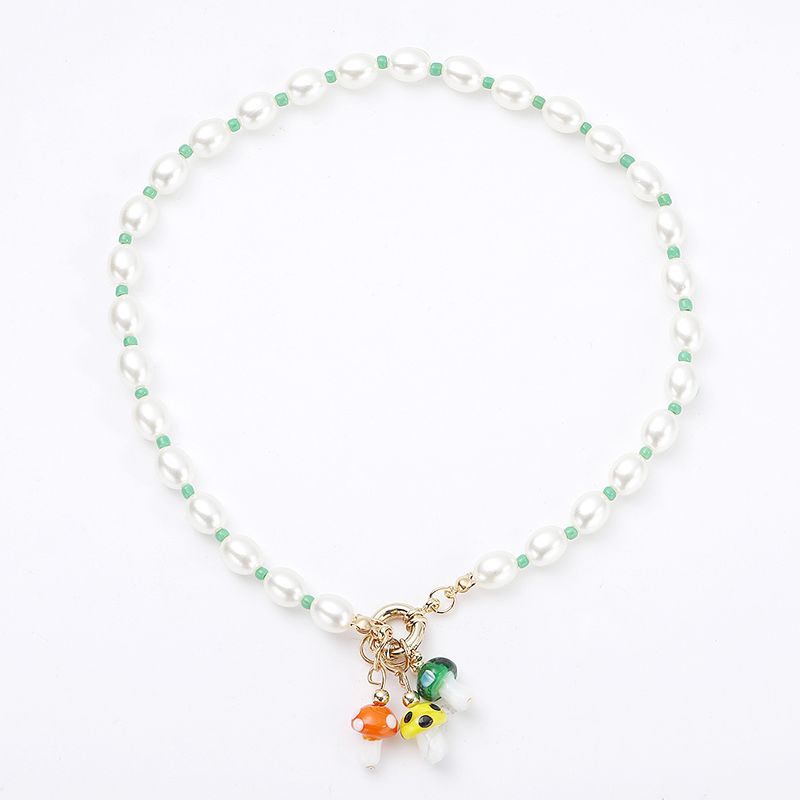 Cross-border Hot Selling Baroque Style Large Particle Pearl Necklace Korean Fashion Cute Colored Glaze Mushroom Pendant Sweater Chain